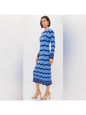 Chevron Knit Long-Sleeve Midi Dress in Blue